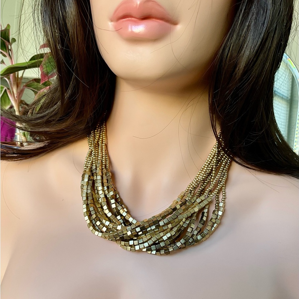 Chico’s Gold tone metal multi strand bead chain 23” tiered necklace